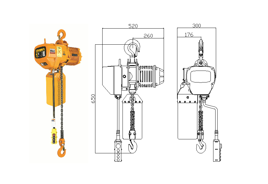 Polipasto eléctrico de cadena BM-1t con dibujo de gancho