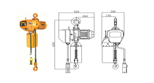 Polipasto eléctrico de cadena BM-1t con dibujo de gancho